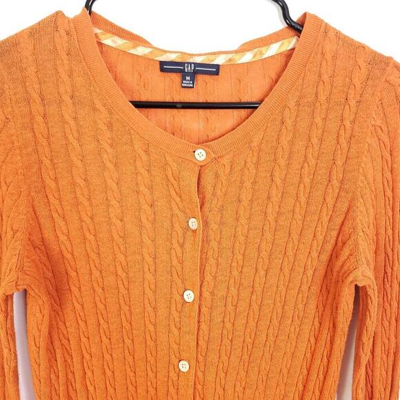 Gap Sweater Womens M Button Up Cardigan Cableknit Pockets Preppy Classic Orange - Picture 3 of 10